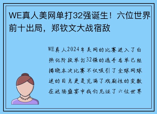 WE真人美网单打32强诞生！六位世界前十出局，郑钦文大战宿敌