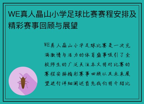 WE真人晶山小学足球比赛赛程安排及精彩赛事回顾与展望