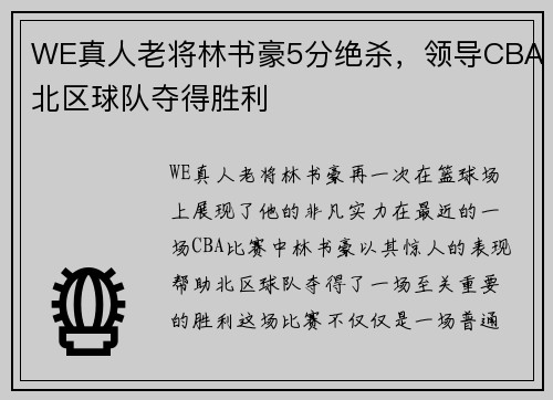 WE真人老将林书豪5分绝杀，领导CBA北区球队夺得胜利