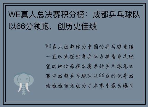 WE真人总决赛积分榜：成都乒乓球队以66分领跑，创历史佳绩